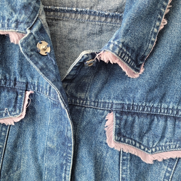 Vintage 90s Jean Jacket Snap Closure Pink Fringe Pockets - Picture 8 of 15